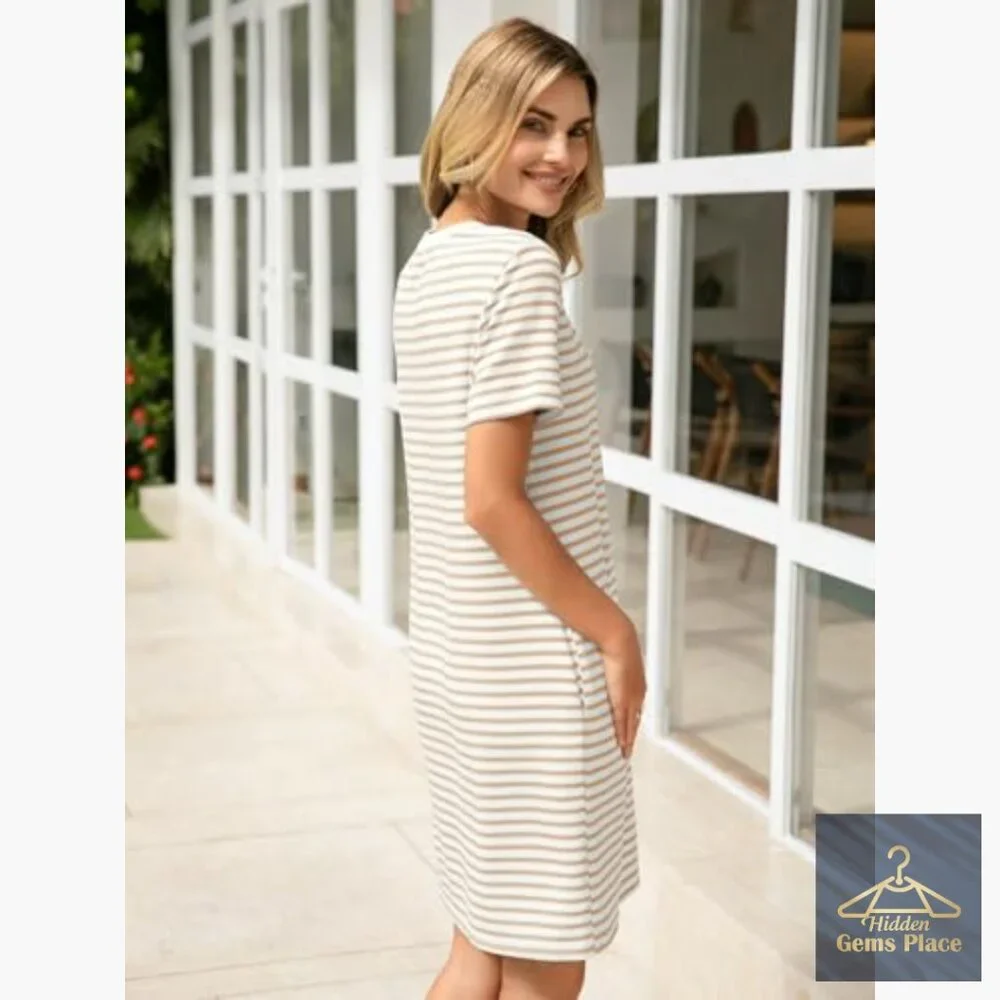 Knee-Length Shift Dress with Pockets, Striped, Short Sleeve, Casual Summer